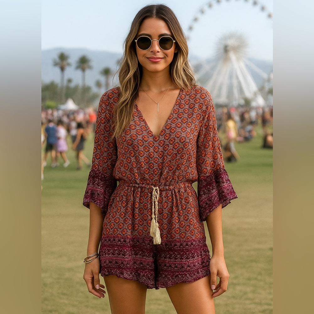 ANGIE NWT Bohemian Floral romper bell sleeves medium